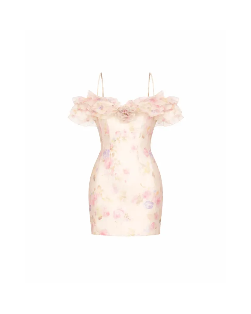 Мэй мини (May mini), платье мини из молочной органзы с цветочным принтом, с рюшами и розой