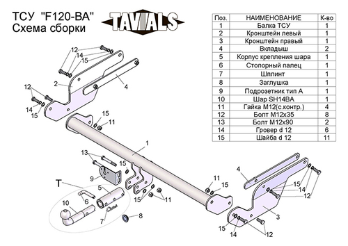 Фаркоп для FORD KUGA (внедорожник) 2013- (С БЫСТРОСЪЕМНЫМ ШАРОМ) арт.T-F120-BA