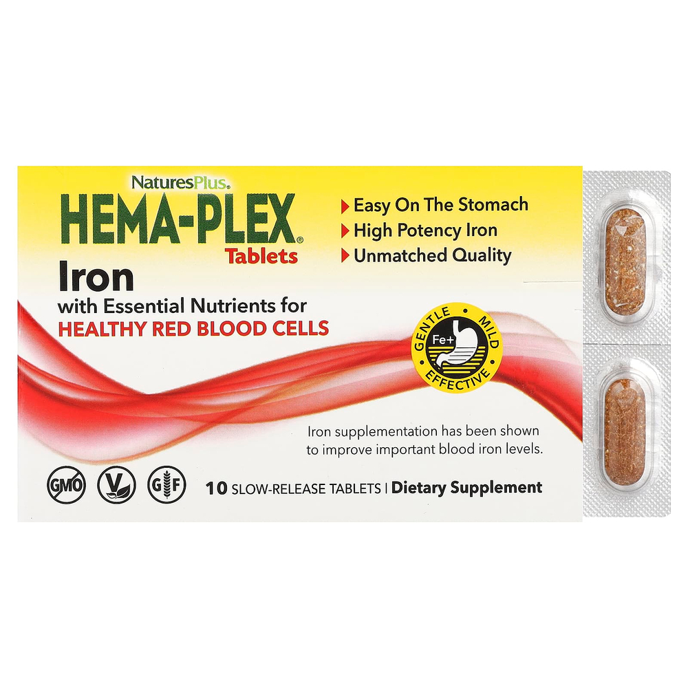 NaturesPlus, Hema-Plex®, железо с незаменимыми питательными веществами для здоровых эритроцитов, 10 таблеток медленного высвобождения