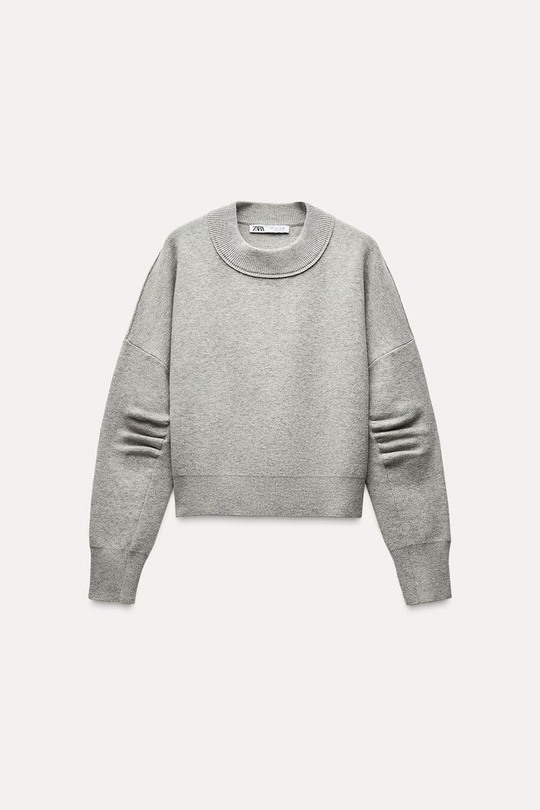 ZARA ТРИКОТАЖНЫЙ СВИТЕР СО СКЛАДКАМИ НА РУКАВАХ, СЕРЫЙ С МЕЛАНЖЕВЫМ ЭФФЕКТОМ
