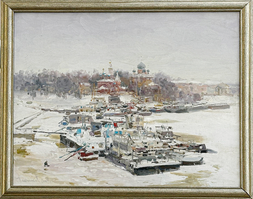 Плотников В.В. Баржа. Зима в Угличе. Холст, масло. 2009г. Размер холста 40х50 см.