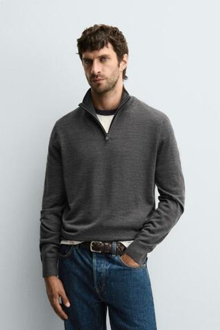 ZARA ШЕРСТЯНОЙ СВИТЕР С ВОРОТНИКОМ НА МОЛНИИ, СЕРЫЙ МЕЛАНЖ