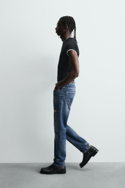 ZARA ДЖИНСЫ SLIM FIT С РАЗРЕЗАМИ, ВЫЦВЕТШИЙ СИНИЙ