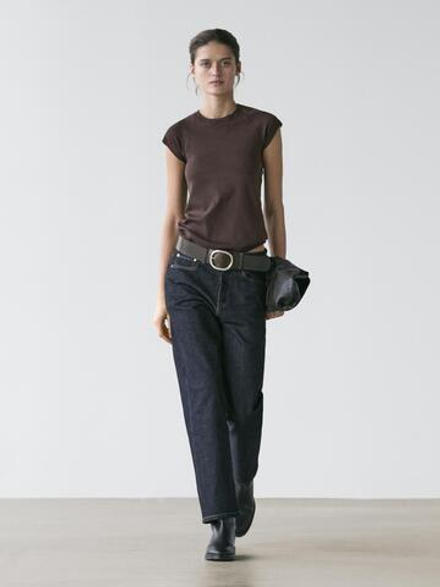 Massimo Dutti Хлопковая футболка с короткими рукавами, коричневый