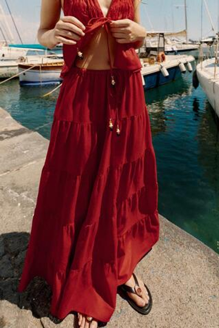 ZARA ЮБКА МИДИ ИЗ ЛЬНА СО СБОРКАМИ, ГРАНАТОВЫЙ