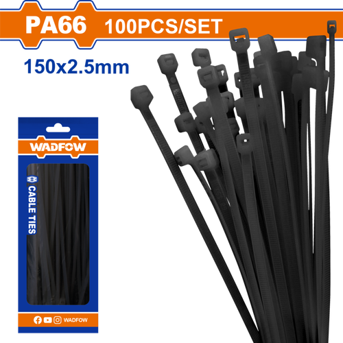 Кабельные стяжки черные 2.5х150 мм 100 шт (75/300) WADFOW WTEB515025