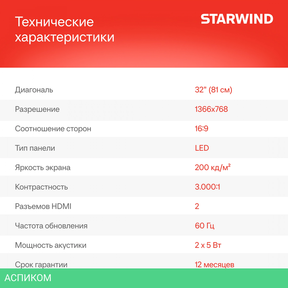 Телевизор LED Starwind 32" SW-LED32BG200