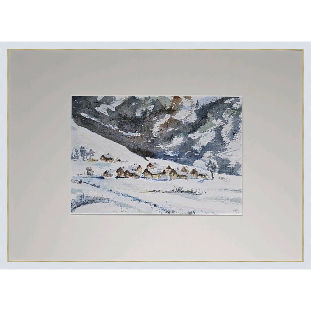 Картина авторская акварельная в паспарту 21х30 см на стену для интерьера "Деревенька"