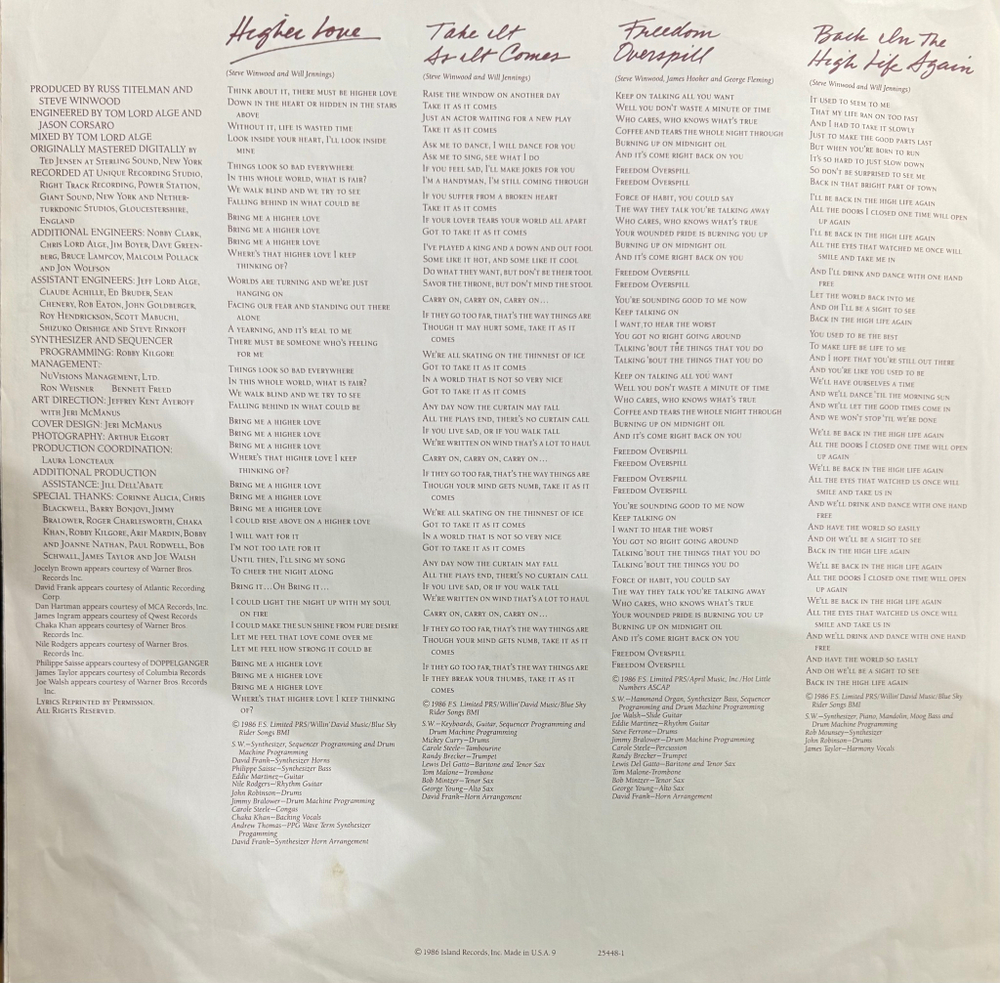 Виниловая пластинка Steve Winwood ‎– Back In The High Life LP