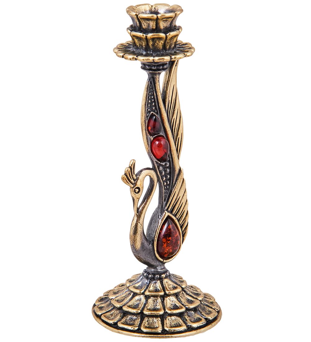 Народные промыслы AM-3911 Подсвечник «Павлин Царский» (латунь, янтарь)