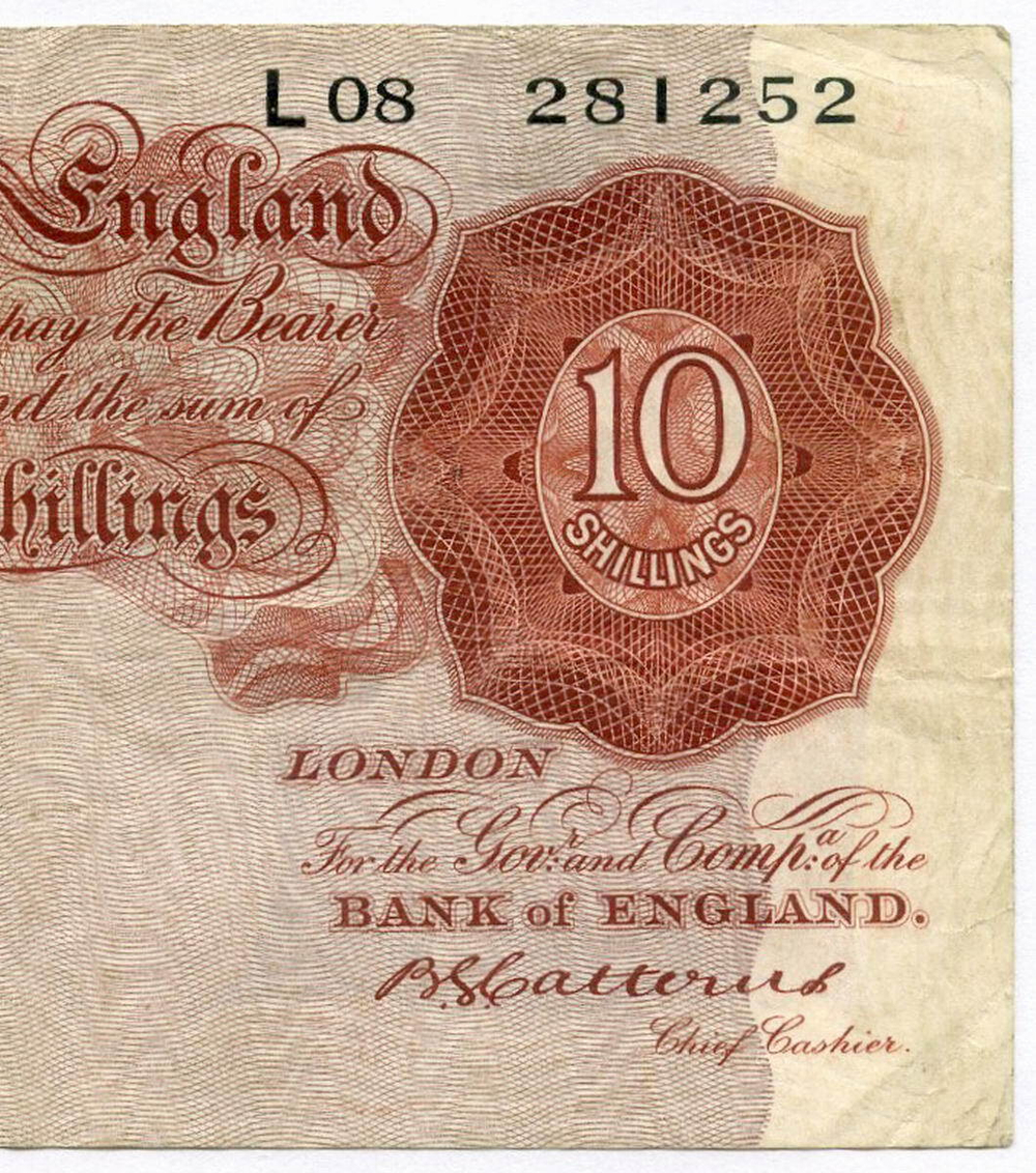 Банкнота Англия 10 шиллингов 1929 год L08 281252 (подпись B.G.Catterns). VF (Очень редкая)