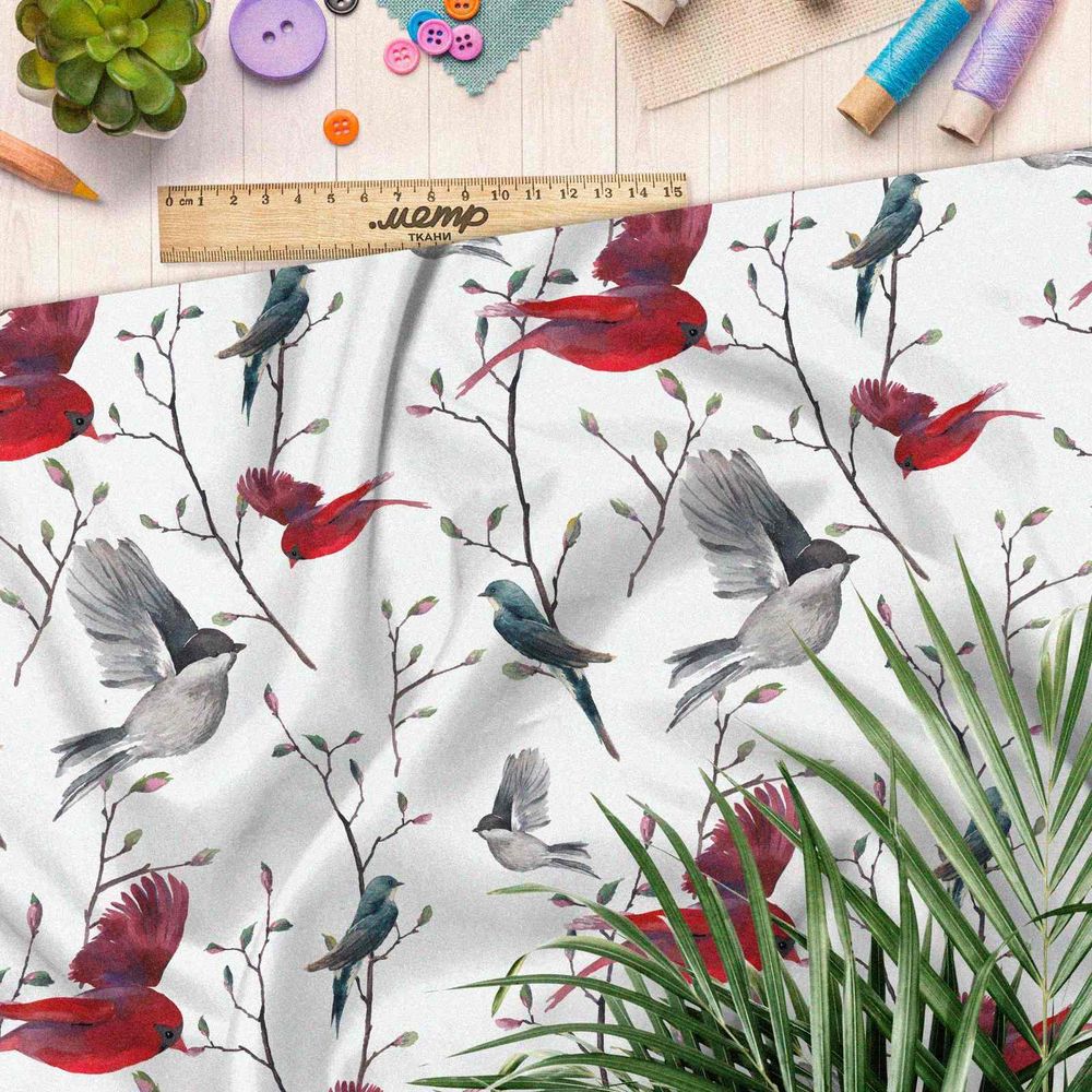 Ткань поплин зимние птицы