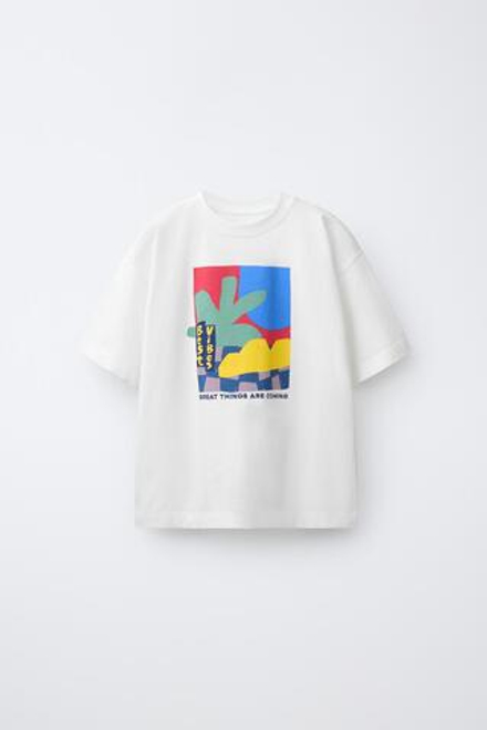 ZARA ФУТБОЛКА С ГРАФИЧЕСКИМ ПРИНТОМ, БЕЛЫЙ