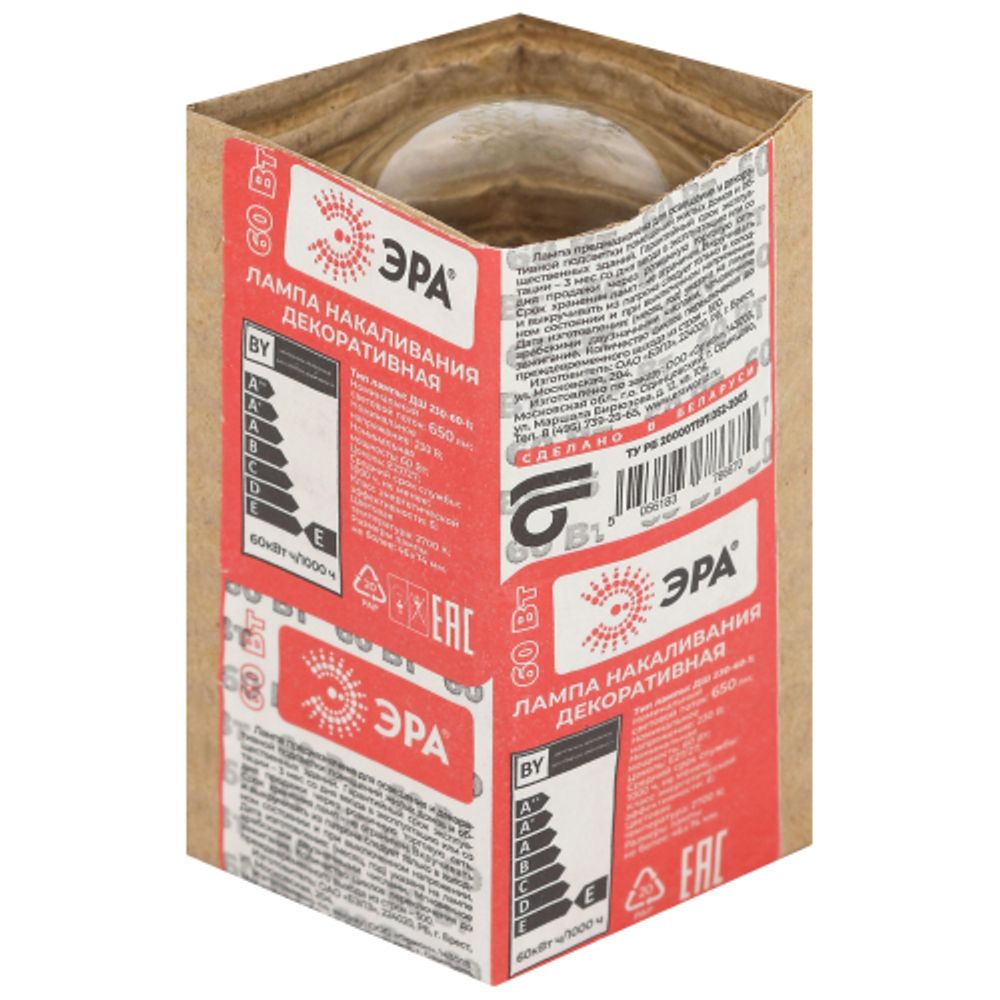 Лампа накаливания ЭРА ДШ 230-60-E27-Г 60Вт 230В шар прозрачный в гофре E27