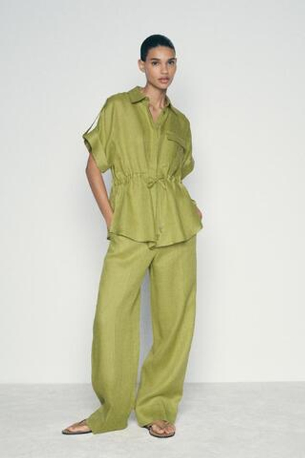 ZARA БРЮКИ ПРЯМОГО КРОЯ ИЗ 100% ЛЬНА, ОЛИВКОВЫЙ