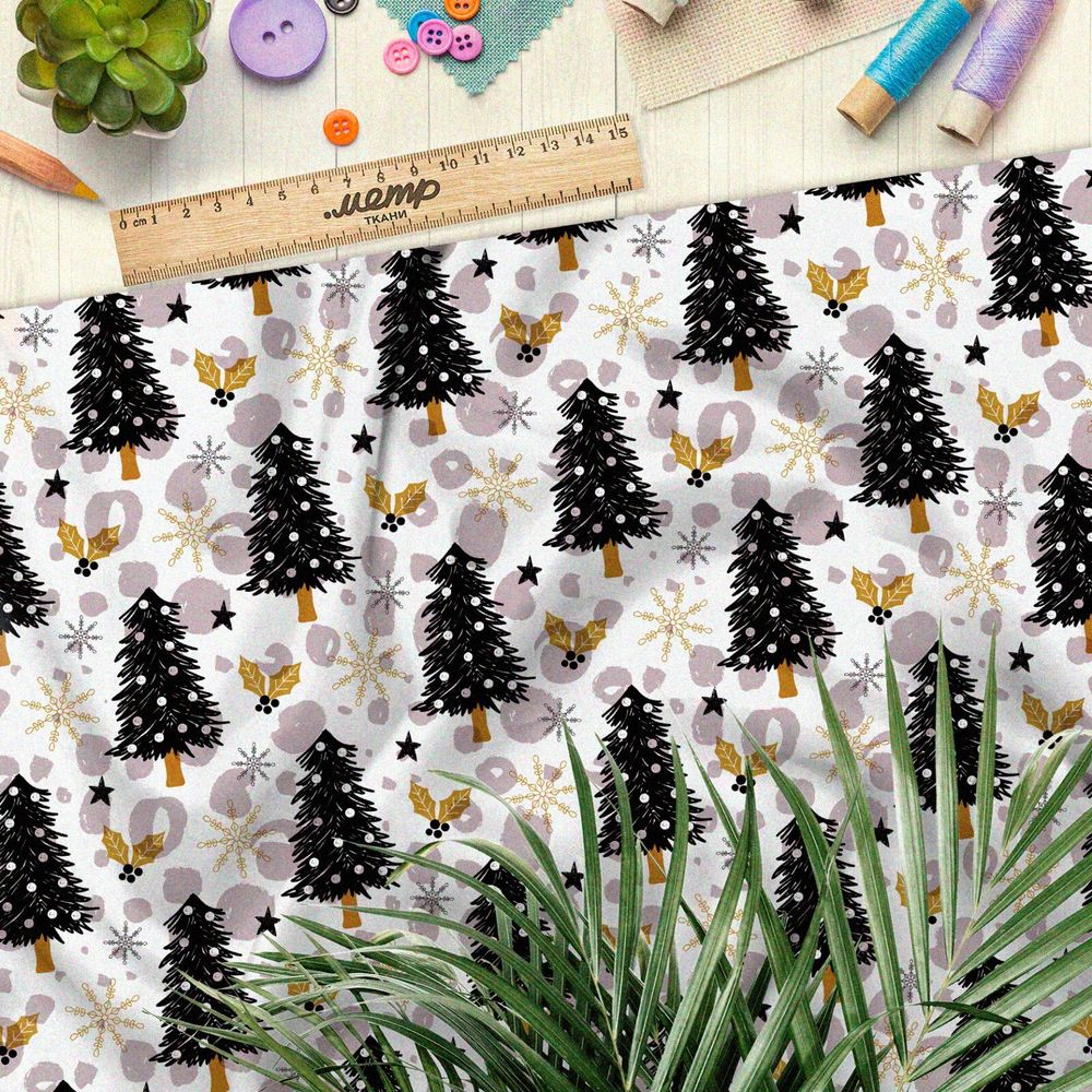 Ткань оксфорд 210 чёрные новогодние ёлки