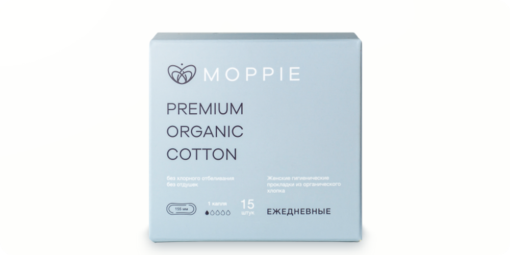 Прокладки ежедневные Moppie premium organic cotton 15 шт (голубые)