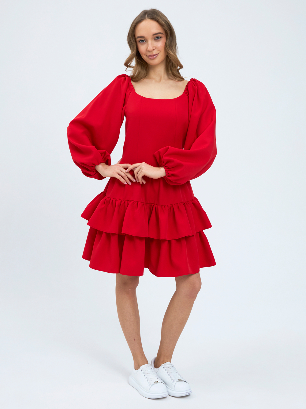 Платье праздничное ярусное с воланами для девочки красное