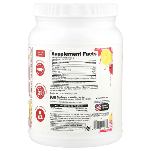 NutraBio, Прозрачный протеиновый порошок, изолят сывороточного протеина, клубничный лимонад, 518 г (1,2 фунта)