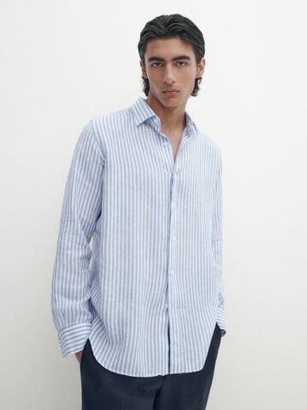 Massimo Dutti Льняная рубашка классического кроя в полоску, светло-синий