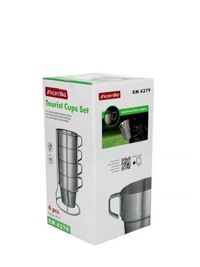 Набор кружек туристический 4 шт. Kamille KM 4379 из нержавеющей стали на подставке