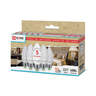 Лампа светодиодная LED-СВЕЧА-ECO 5Вт 230В Е27 4000К 375Лм (5шт в упаковке) IN HOME