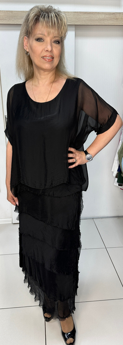 Черное итальянское шелковое платье с шифоновой "рванкой"