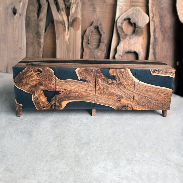 Шкаф-каскад из ореха с подсветкой и жемчужно-черной смолой