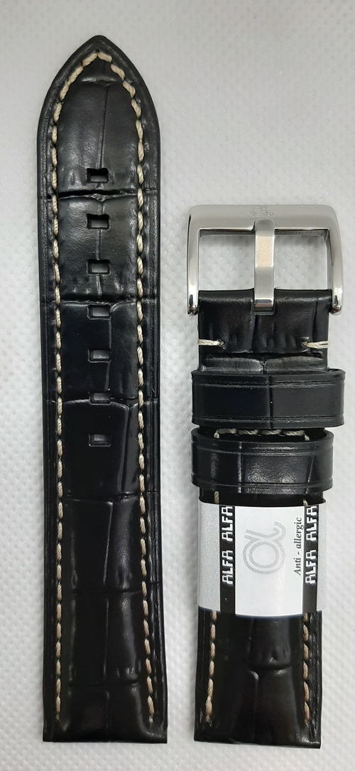 РЕМЕНЬ КОЖАНЫЙ 20мм ЧЕРНЫЙ С БЕЛОЙ ПРОСТРОЧКОЙ (B514.20.1.5)