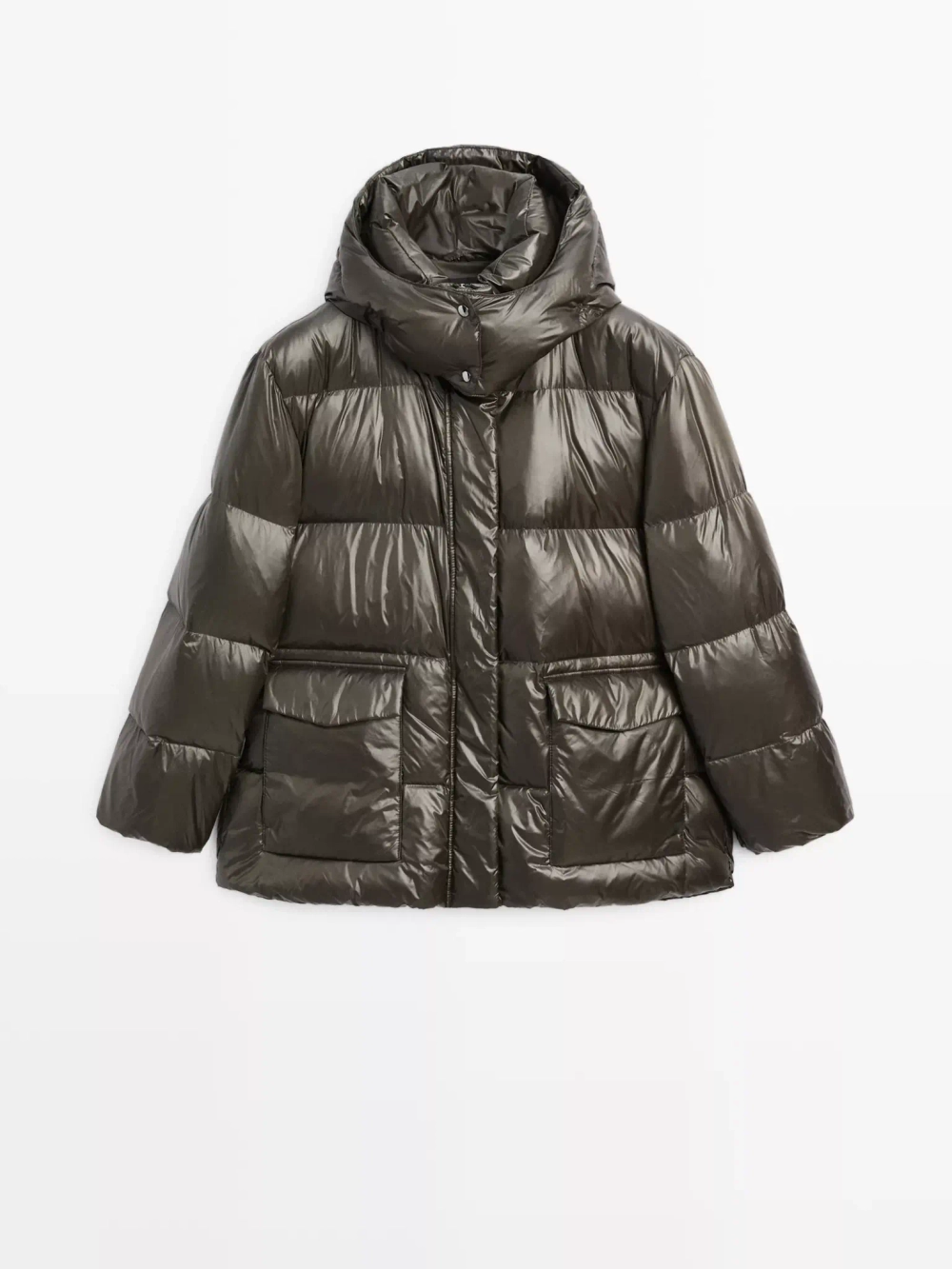 Massimo Dutti Короткая непромокаемая стеганая куртка с капюшоном, бутылочный