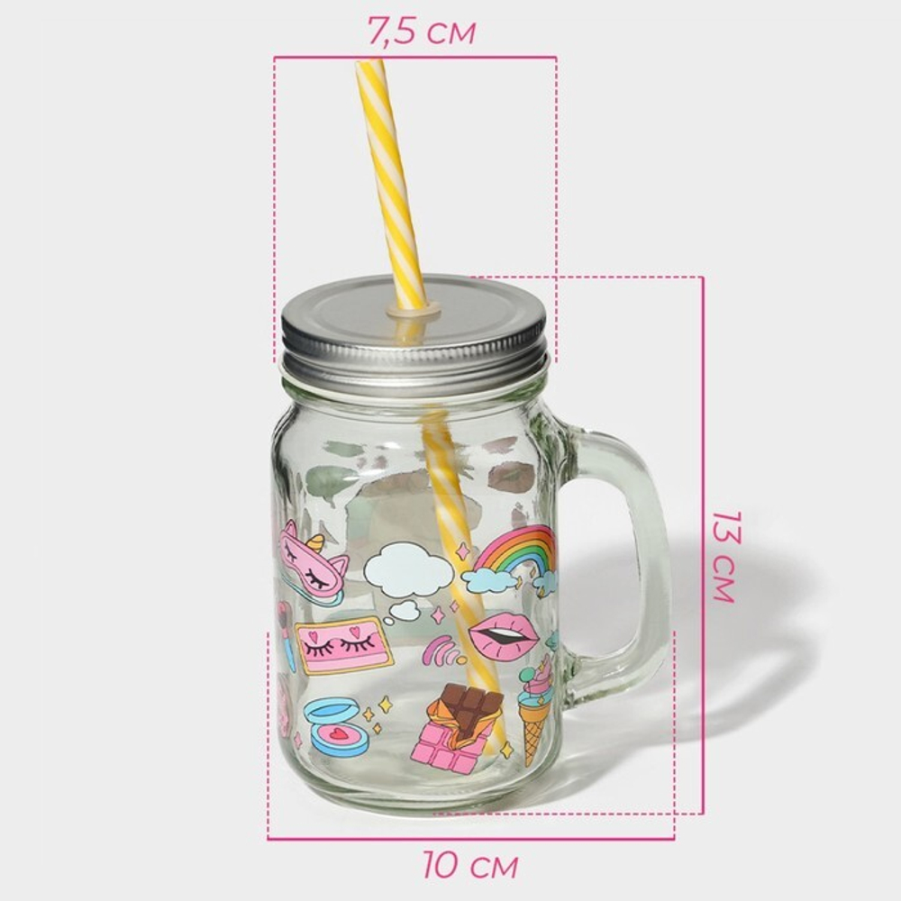 Кружка Доляна «Единорог», 450 мл, 10×7,5×13 см, стекло, с крышкой и трубочкой
