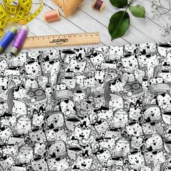 Ткань лён чёрно-белые котики в виде посуды
