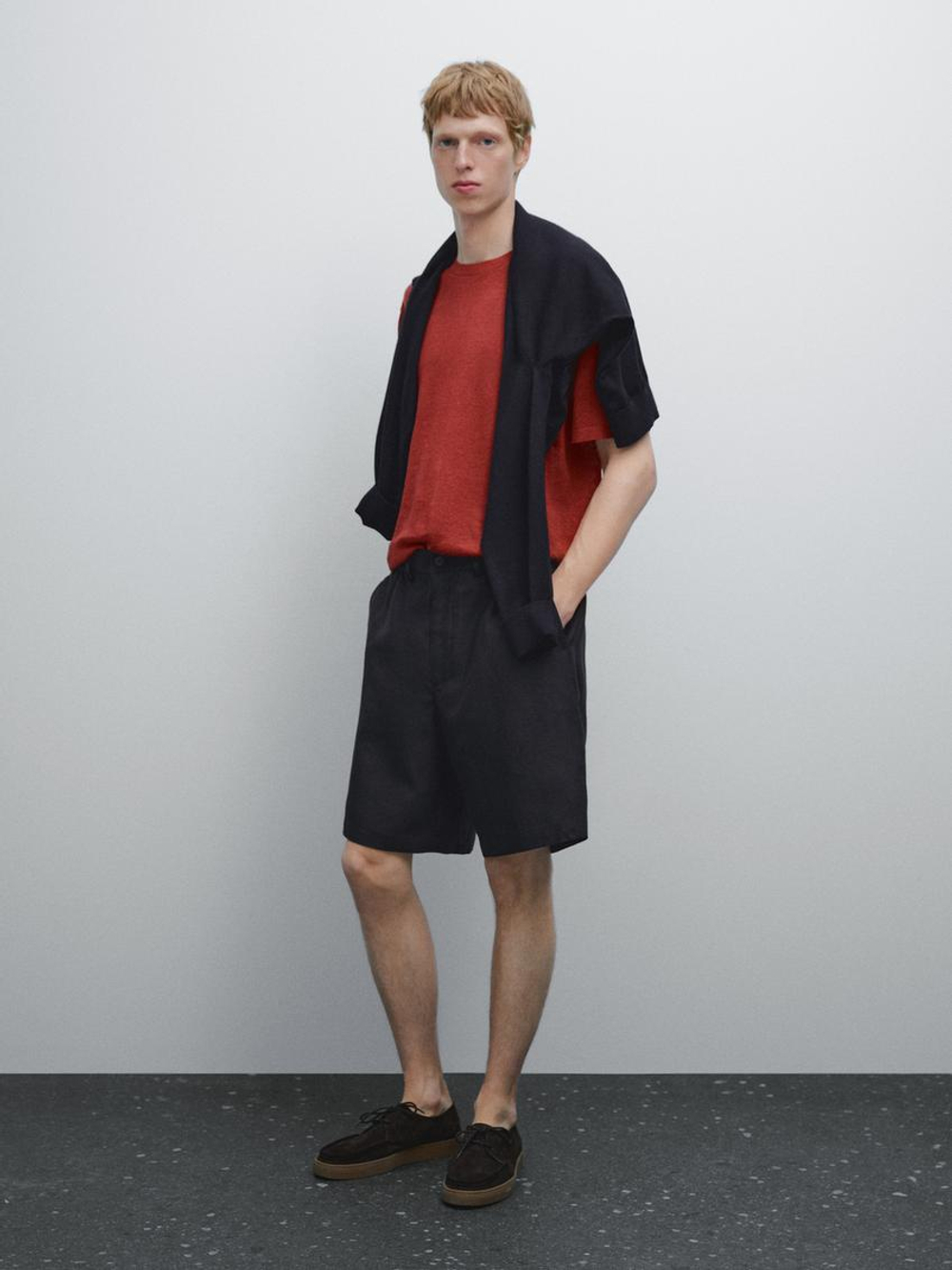 Massimo Dutti Трикотажная футболка с короткими рукавами из 100% льна, коралловый