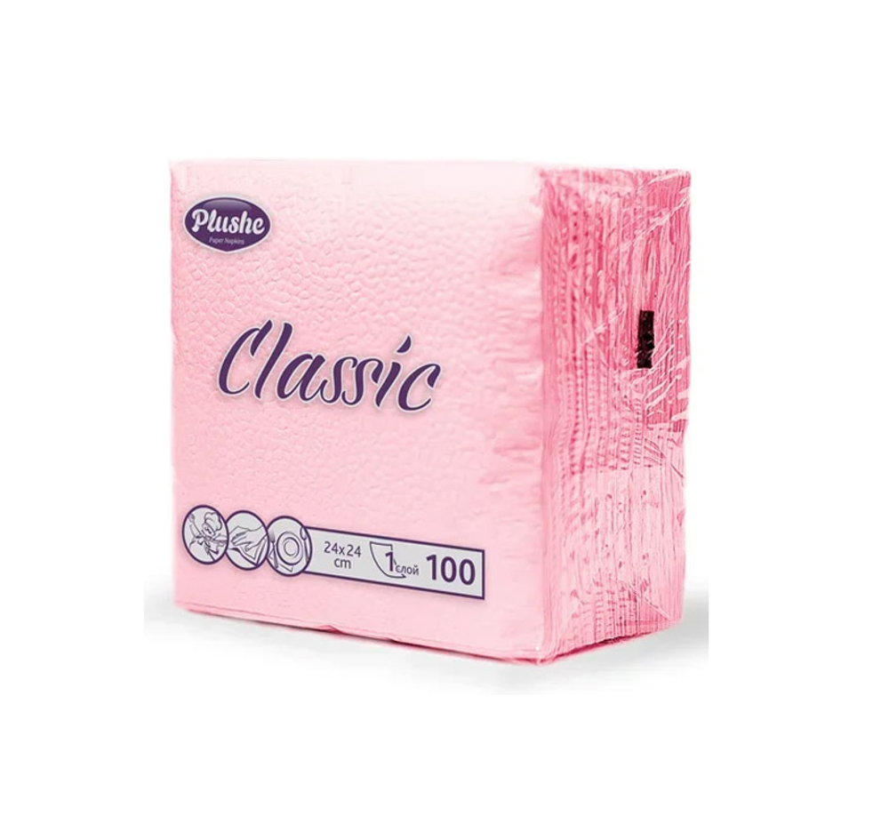 Салфетки бумажные Plushe Classic пастель розовый,  1 слойные, 24*24 см, 100 штук