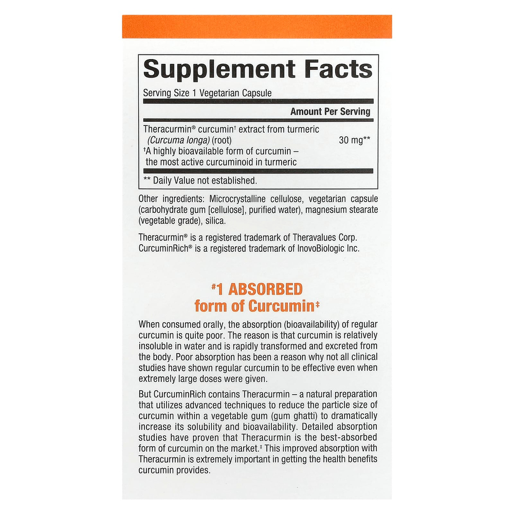 Natural Factors, CurcuminRich, Theracurmin, куркумин, 30 мг, 30 вегетарианских капсул