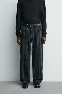 ZARA ДЖИНСЫ RELAXED FIT В ПОЛОСКУ, СИНИЙ