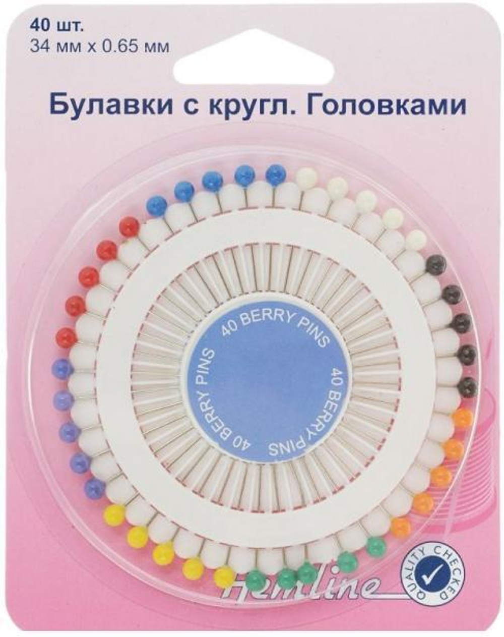 Булавки с круглыми пластиковыми головками "Ягодка", 34 мм, 40шт (10013160/300720/0393447/1_Китай)