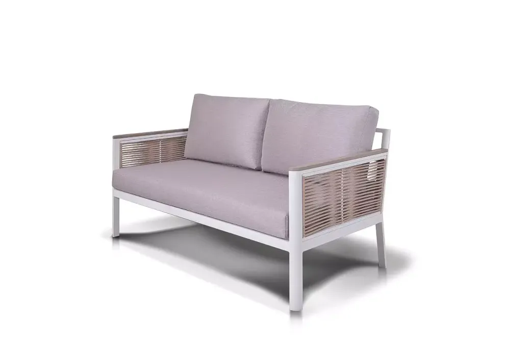 "Сан Ремо" диван 2-местный плетеный из роупа, каркас алюминий белый, роуп бежевый, ткань бежевая