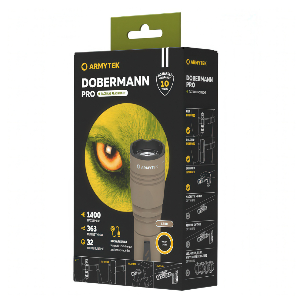 Фонарь Armytek Dobermann Pro Magnet USB Sand (теплый свет) — мощный свет: яркость 1400 люмен и дальность 363 метра для выполнения различных задач на средних дистанциях.