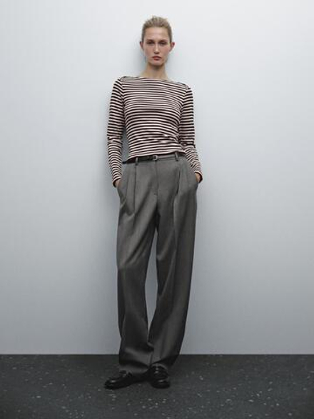Massimo Dutti Футболка в полоску с деталью внахлест на плечах, коричневый