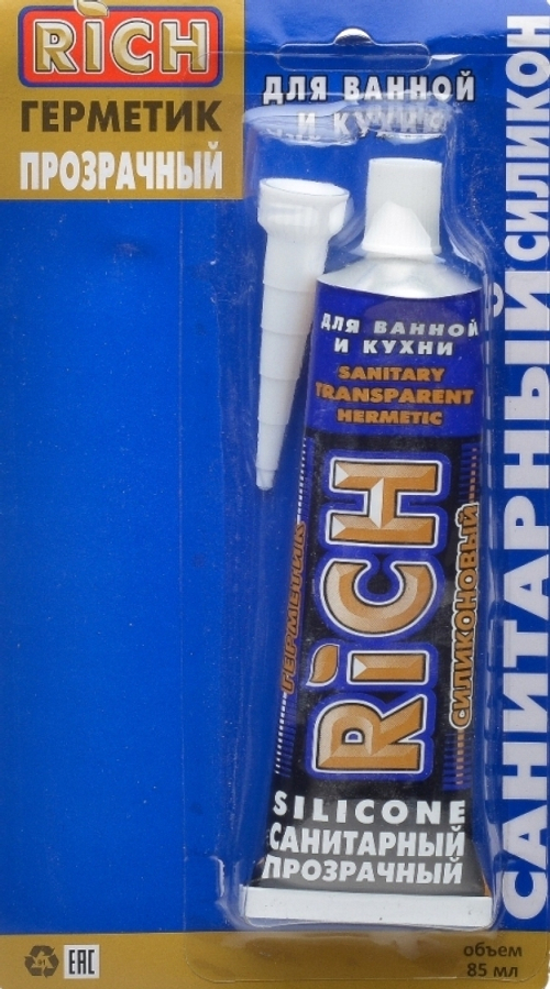 Силиконовый САНИТАРНЫЙ, ПРОЗРАЧНЫЙ герметик 85мл ТЮБИК  RiCH  (12шт)