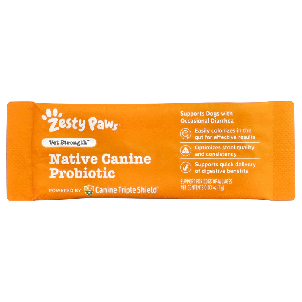 Zesty Paws, Vet Strength™, Native Canine Probiotic, в порошке, для собак любого возраста, 30 пакетиков по 1 г (0,03 унции)