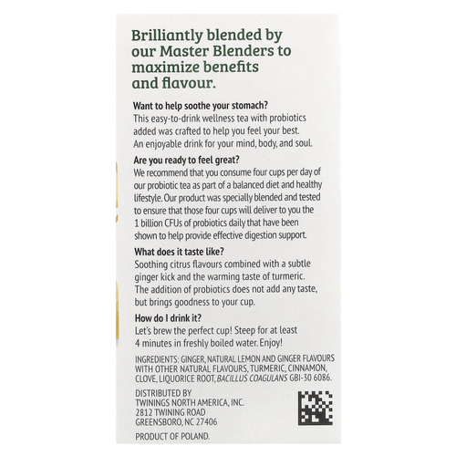 Twinings, Herbal Tea, лимонный имбирь с пробиотиками, без кофеина, 18 чайных пакетиков, 27 г (0,95 унции)