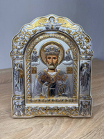 Николай Чудотворец, икона арочная с рамкой под стеклом, белое дерево 266х335