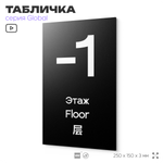 Табличка с номером Этаж -1, на дверь и стену, информационная и мультиязычная (русский, английский, китайский), серия GLOBAL, 25х15 см, Айдентика Технолоджи