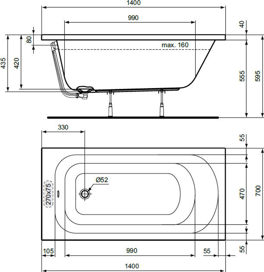 Акриловая ванна Ideal Standard 140х70 W004101 SIMPLICITY