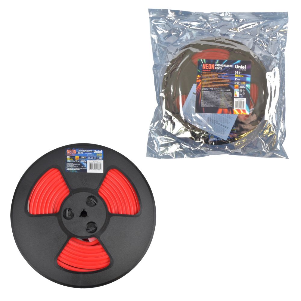 ULS-N11-2835-120LED-m-8mm-IP67-DC24V-10W-m-15M-RED Светодиодная гибкая герметичная лента. NEON. Катушка 15м. в герметичной упаковке. Красный свет. ТМ Uniel