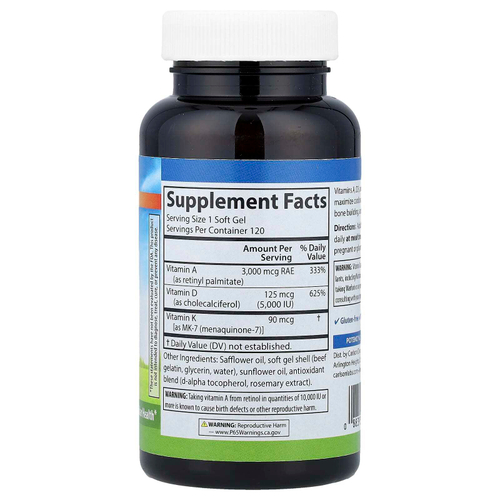 Carlson, витамины A, D3 и K2, 120 капсул