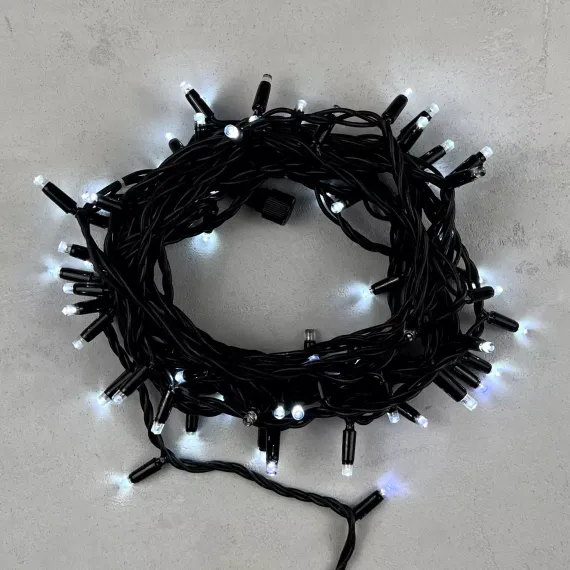 Гирлянда Нить 10 м., Холодно-Белая с Мерцанием Белого Диода 220В, 75 LED, Провод Черный Каучук, IP65, LTC (LL75BLW-1-2W)
