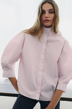 ZARA РУБАШКА С ОБЪЕМНЫМИ РУКАВАМИ ZW, БЛЕДНО-РОЗОВЫЙ